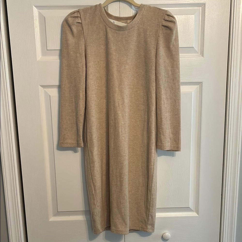 Beige Ribbed Puff-Sleeve Knit Dress